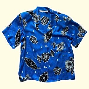 VTG ~ 1980s ~ Anne Klein II ~ Cobalt Blue Hawaiian Button Down Shirt ~ Size 10